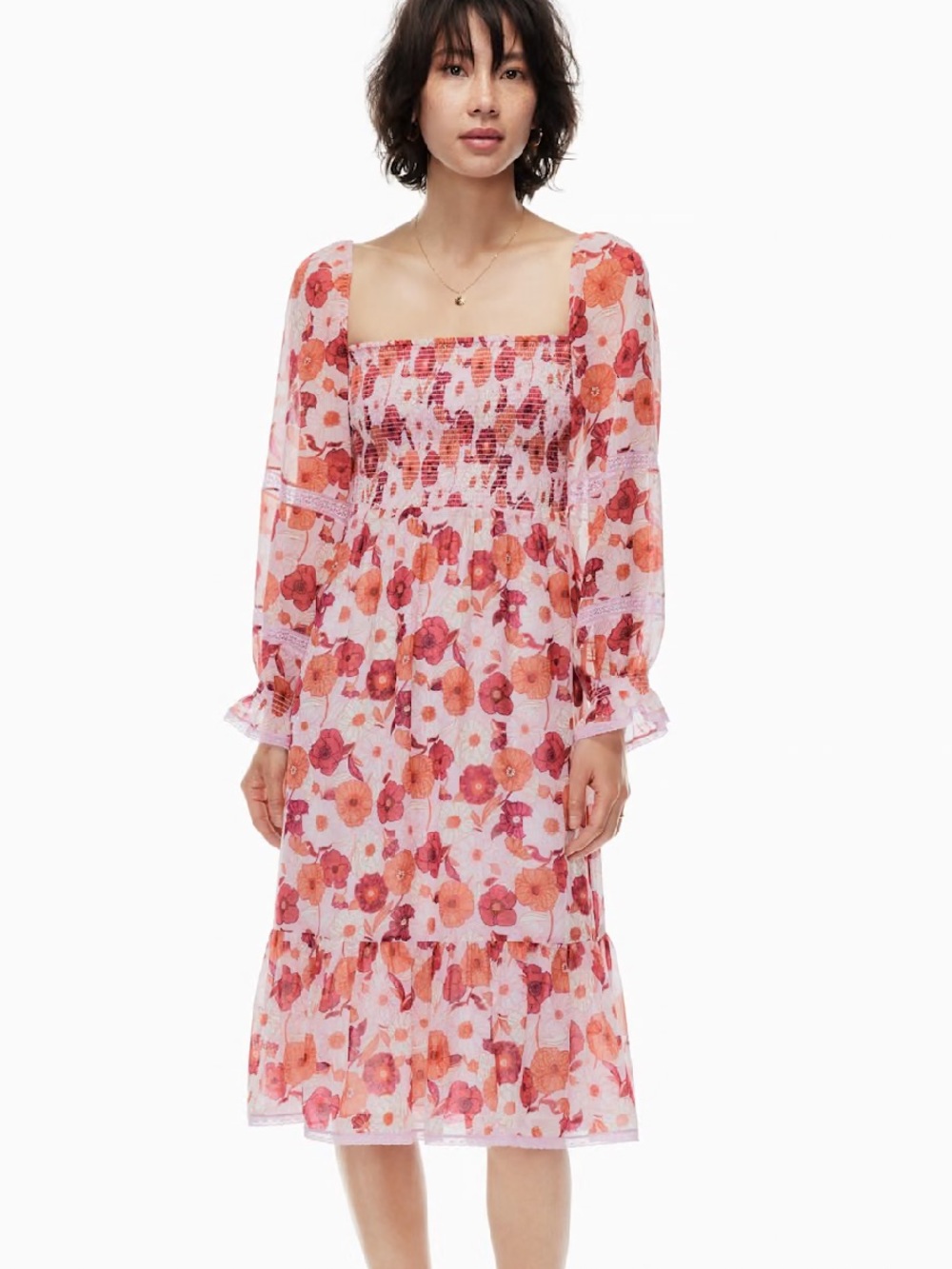 Wilfred Grace dress Pink Floral Smocked Square-Neck Midi Dress small